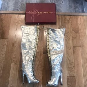 Gold over the knee lace up zipper back boots